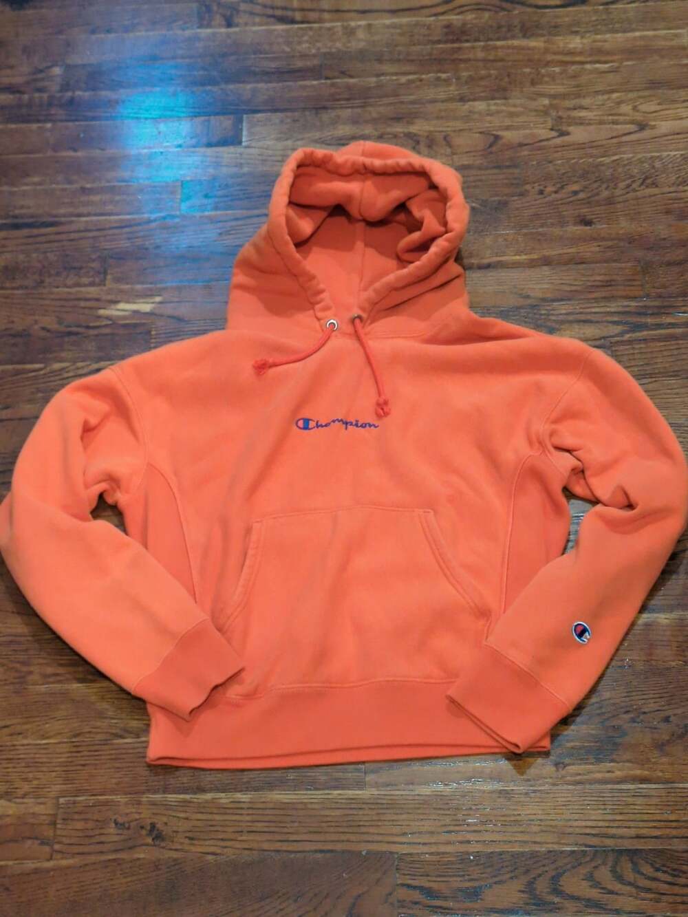 Champion Reverse Weave Hoodie Size Small Orange Script Logo Pullover